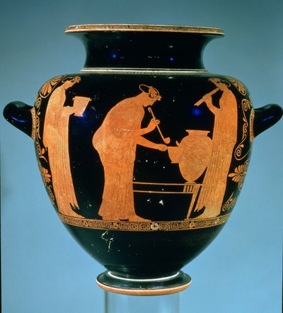 Attic red-figure stamnos decorated with women serving wine and making music, by the Villa Painter by Greek